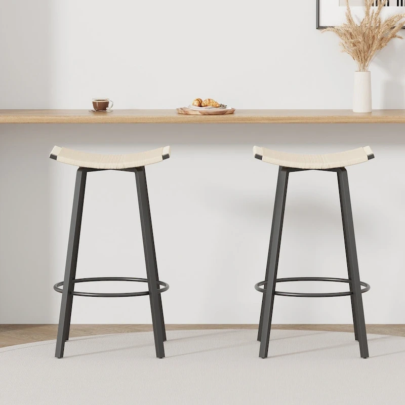 Counter Height Bar Stools, Backless Handwoven Kitchen Dining Chairs with Round Footrest Set of 2 PVC Weaving Pub Stool