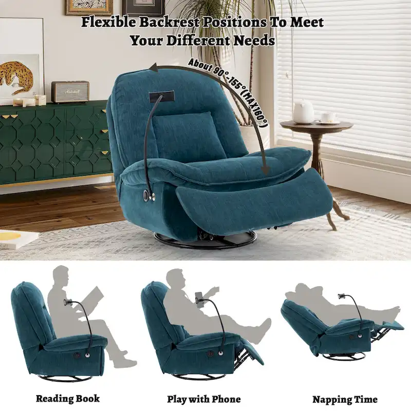 Clihome Adjustable Swivel Chenille Recliner with Phone Holder