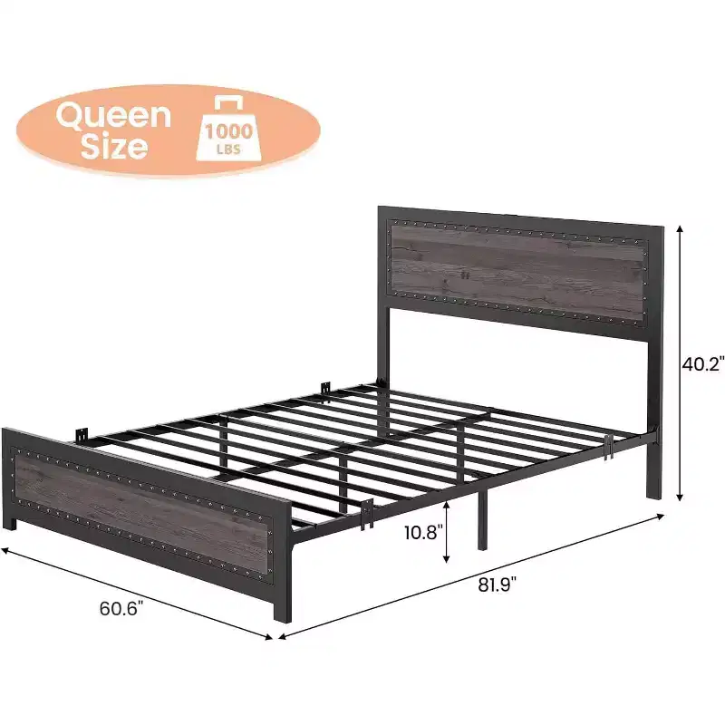 CuisinSmart Metal Bed Frame with Headboard and Footboard, Headboard and Footboard with Rivets, Platform Bed Frame, 10.8''Under Bed Storage
