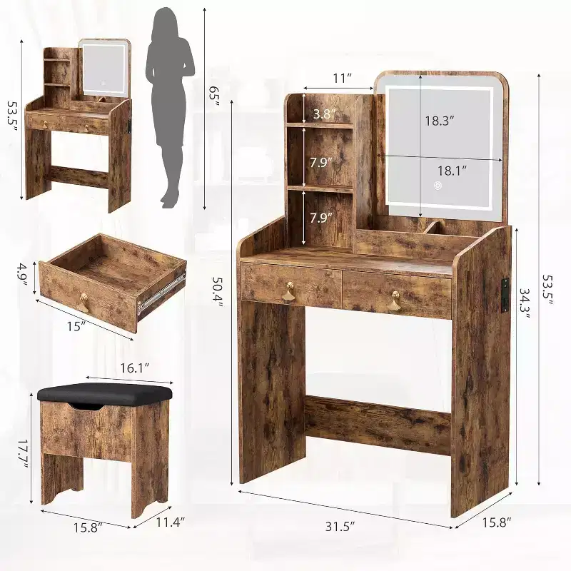 Vanity Desk with LED Mirror and Charging Station, Makeup Table with Storage Drawers and Stool, 3 Lighting Modes for Bedroom, Retro Brown