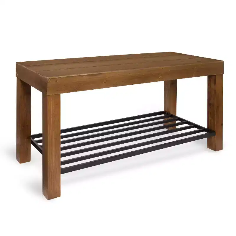 Rectangle Wood Entryway Bench with Iron Shelf, Rustic Brown, 36