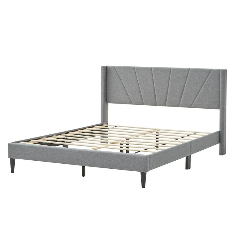 Grey Linen Wingback Platform Bed Frame – Twin/Queen, 1 Person