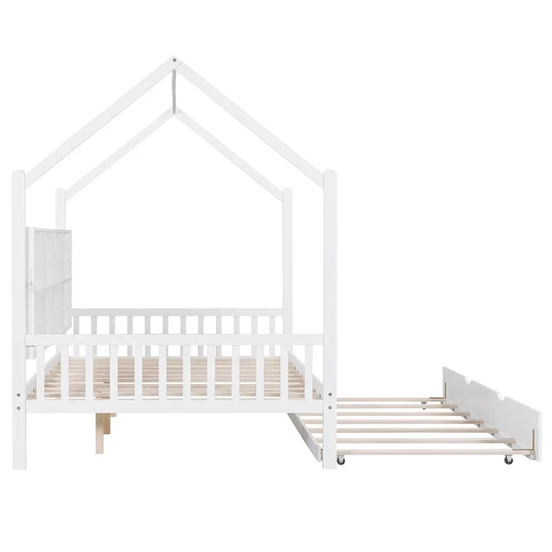 White Full Size Pinewood Kids House Platform Bed with Trundle, Shelf, and Roof