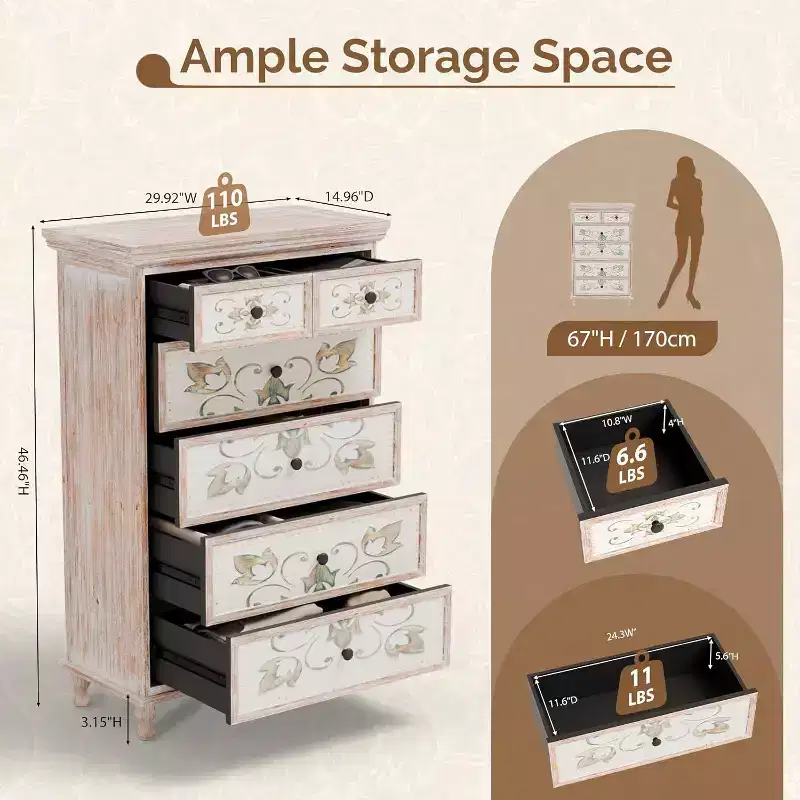 VINGLI Dresser Wood Chest of Drawers for Bedroom, Tall Dresser 6 Drawer Chest Boho, Wooden Dressers