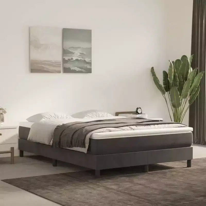 Queen Bed Frame in Dark Grey Velvet with Plywood and Engineered Wood Construction