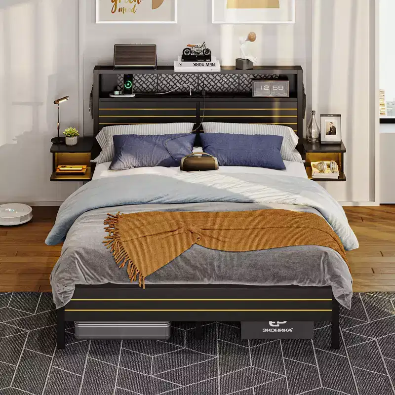 Platform Bed Frame with Storage Headboard, LED Lights, Power Outlet & USB Ports, Steel Slats