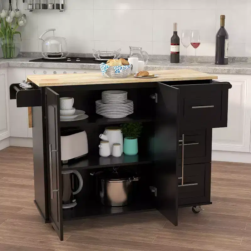 Kitchen Island with Extensible Solid Wood Tabletop, 2 Doors & 3 Drawers, Rolling Cart, Black