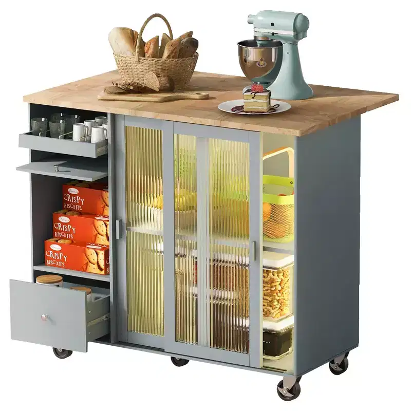 TROPOW Rolling Kitchen Island Cart with LED Light, Adjustable Shelf Kitchen Island Table with Storage 2 Drawers, Island on Wheels