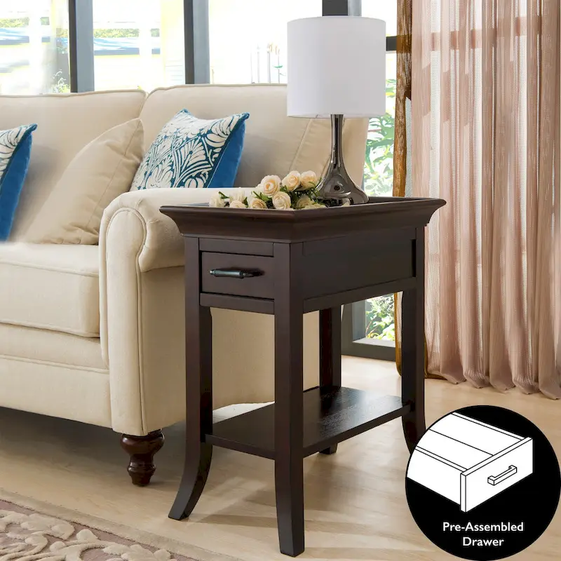 One Drawer Traditional Cherry Tray Edge Side Table with Shelf