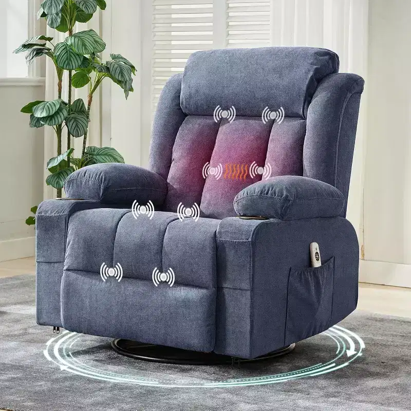 Swivel Recliner Chair,Wide Rocker Chair with Heat Massage,Single Rocking Chair with 3 Positions,2 Side Pockets,Cup Holders,USB Ports,Remote Control