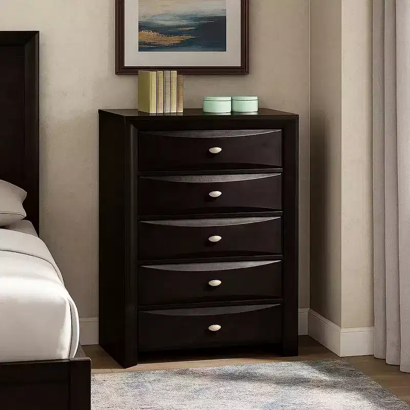 Royal Hampton Tall Dresser Chest, 5 Drawers, Chrome Handles, Modern Black Wood