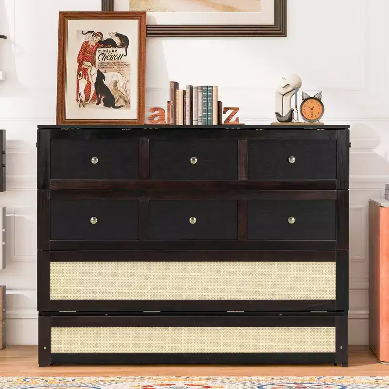 Full Murphy Bed Cabinet Bed, Full Size Murphy Bed with Storage Drawers, Wood Full Wall Bed Rattan Chest Murphy Bed Frame