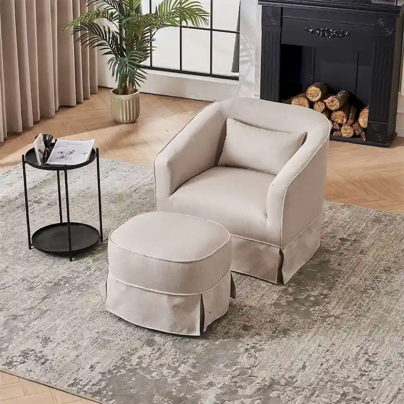 Swivel Barrel Chair with Ottoman and Black Metal Base