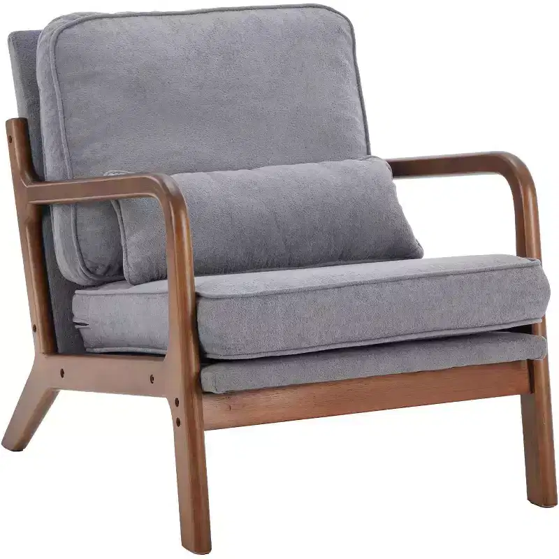 Mid Century Modern Accent Chair with Arms Waist Cushion Solid Wooden Frame Cream Lounge Chair