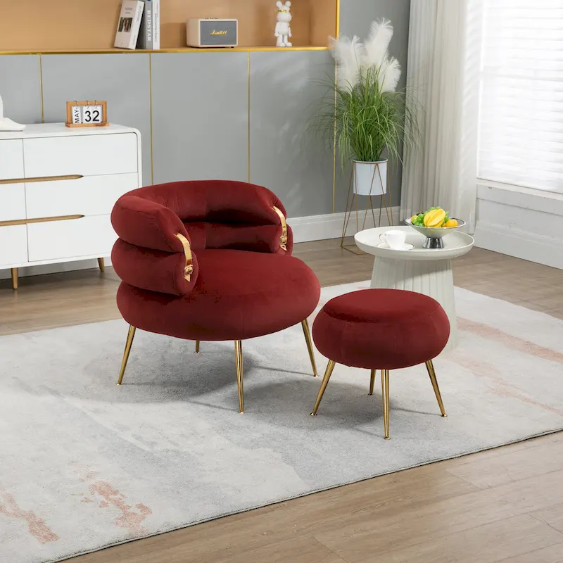 Wine Red Modern 29.1 Barrel Chair with Ottoman