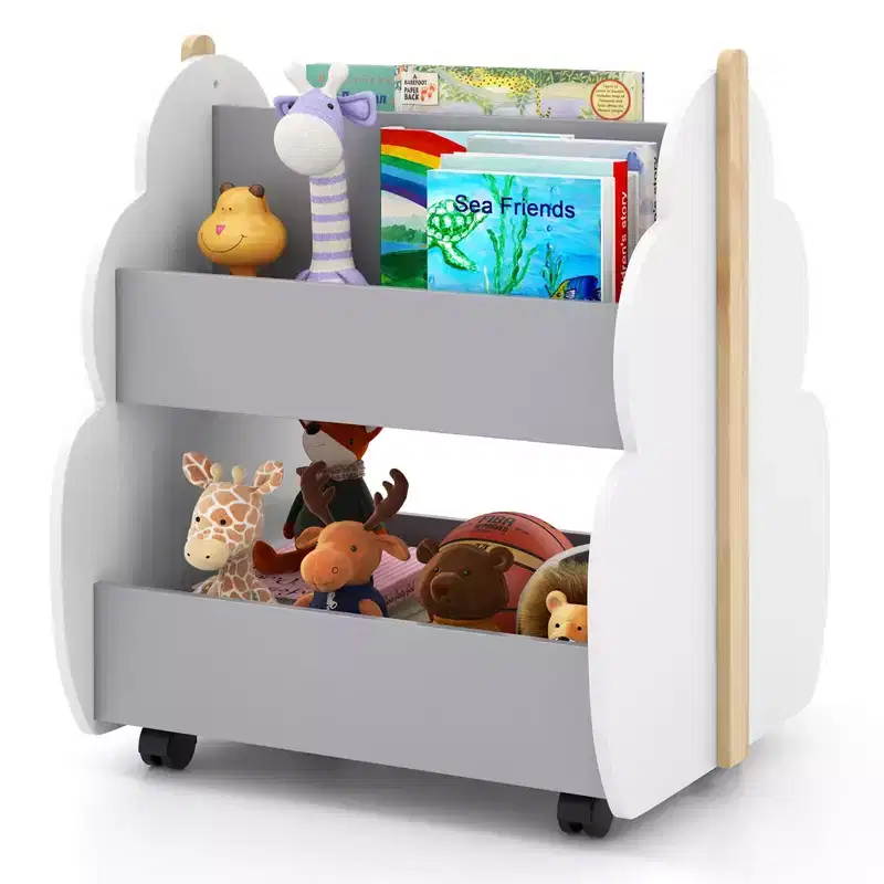 Kids Wooden Bookshelf with Wheels, 2-Tier Double-Sided, Grey/Natural