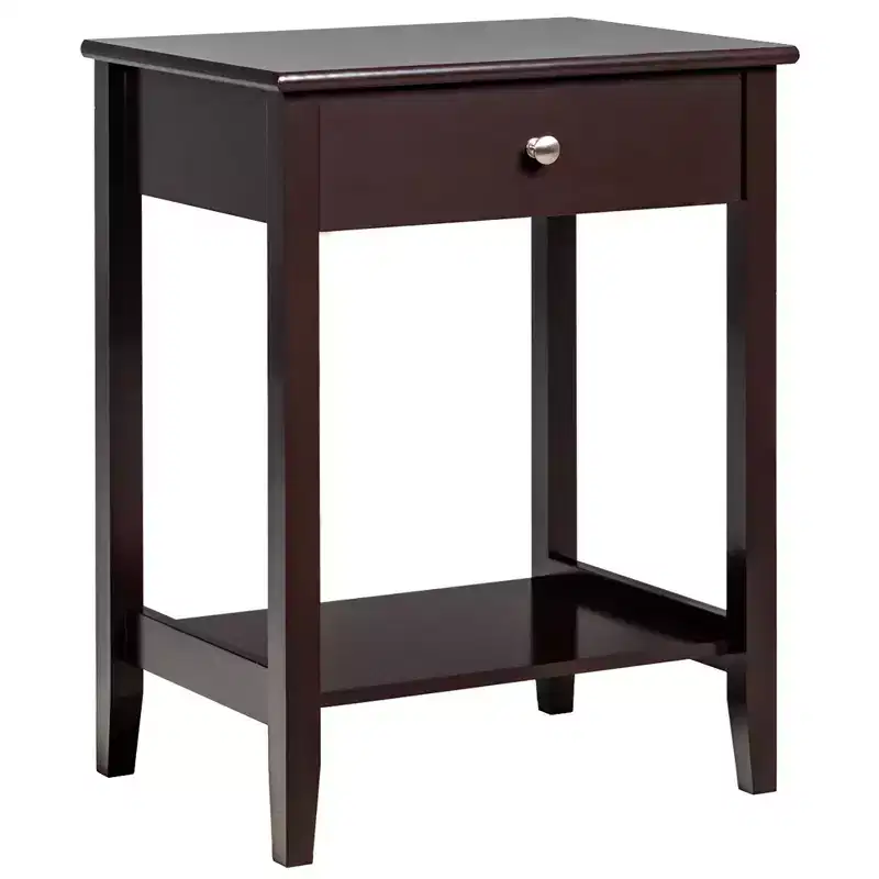 Nightstand End Table with Drawer & Open Shelf, MDF + Pine Legs, Minimalist Design