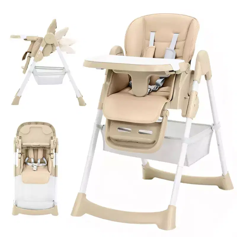 Foldable High Chair for 1, Champagne/Dark Gray/Light Gray, Upholstered, Adjustable Backrest & Tray