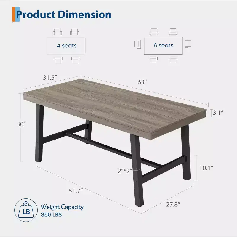 Industrial Wooden Dining Table for 4-6 People, 63 Long Rectangular Kitchen Table with Metal Legs, Dinner Table for Dining Room, No Chairs