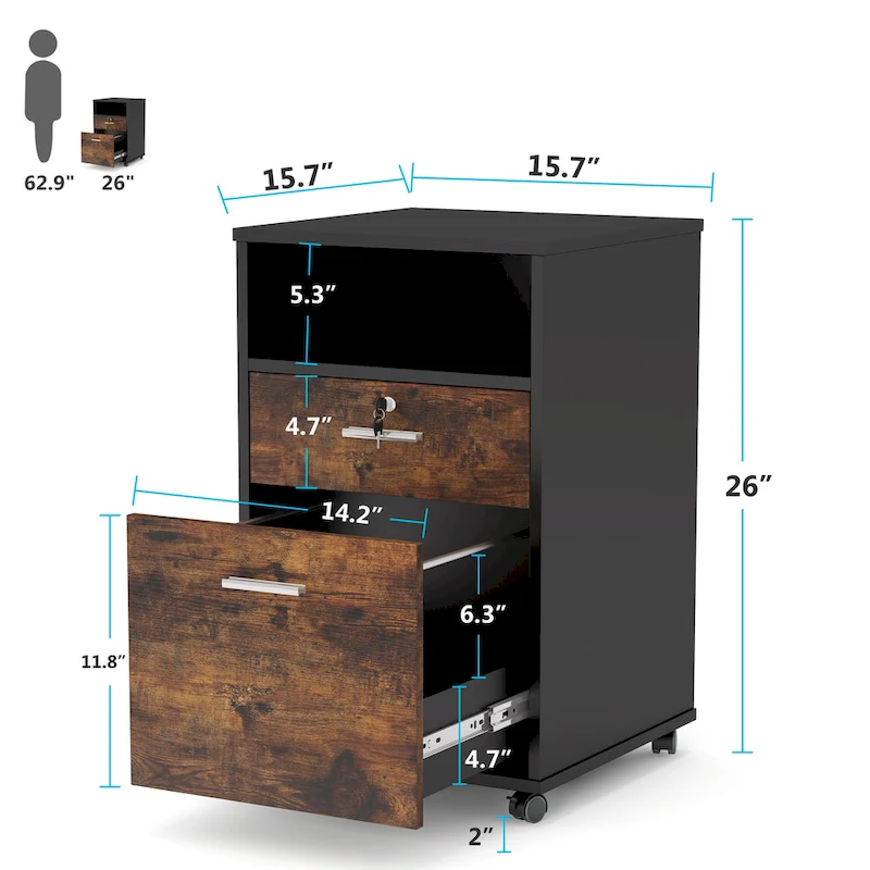 Mobile File Cabinet with 2 Drawer and Lock, Printer Stand with Rolling Wheels