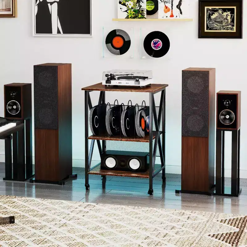 3-tier Record Player Stand with Metal Dividers Adjustable Shelf & Power Outlets