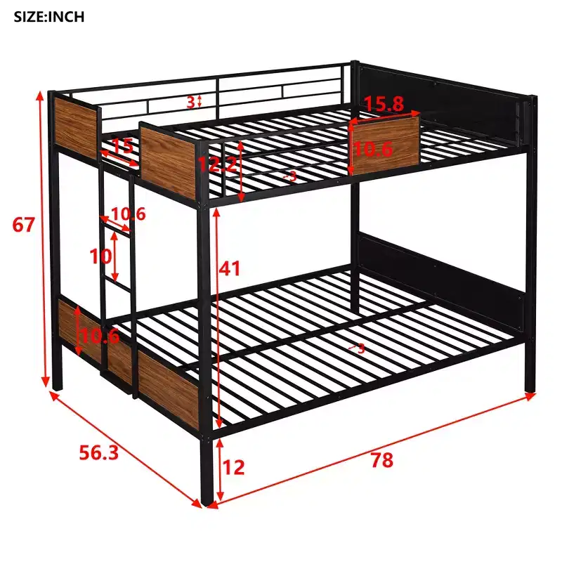 Full over Full Metal Bunk Bed with Wood Grain, Metal Bunkbeds Frame with Safety Rail for Kids Adults, Brown