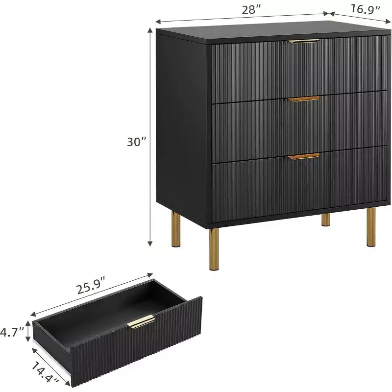 Modern 3-Drawer Dresser - Gold Handle & Large Storage for Bedroom & Living Room