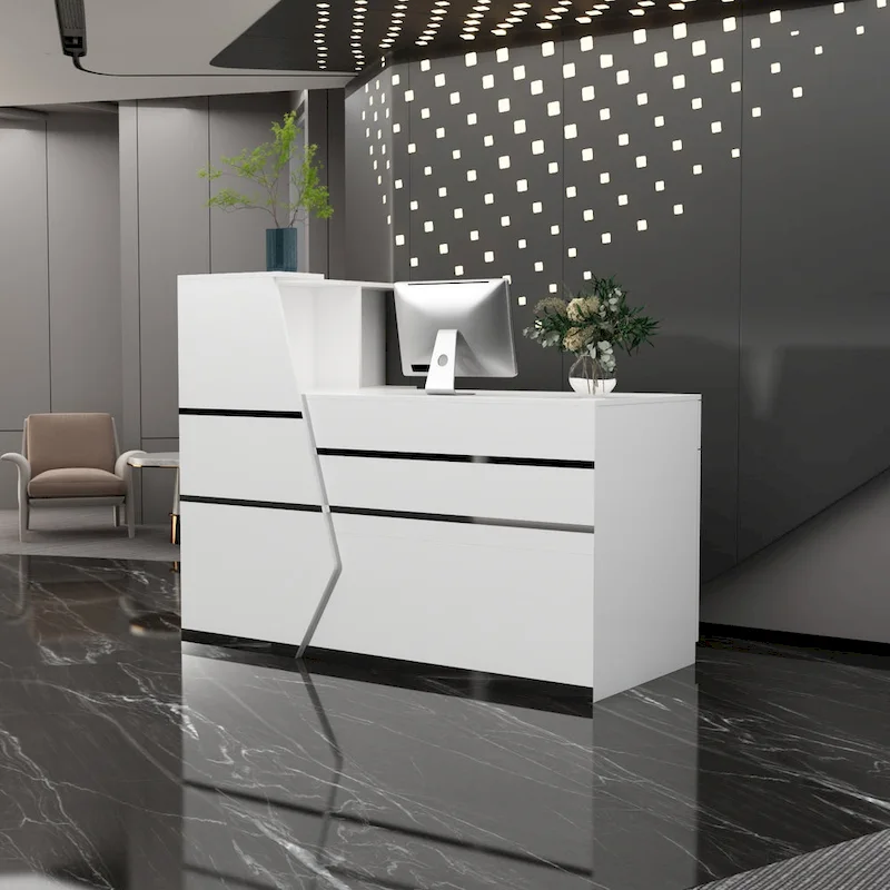 Reception Desk L-Shaped Front Counter Table w/ Storage Shelf by Timechee