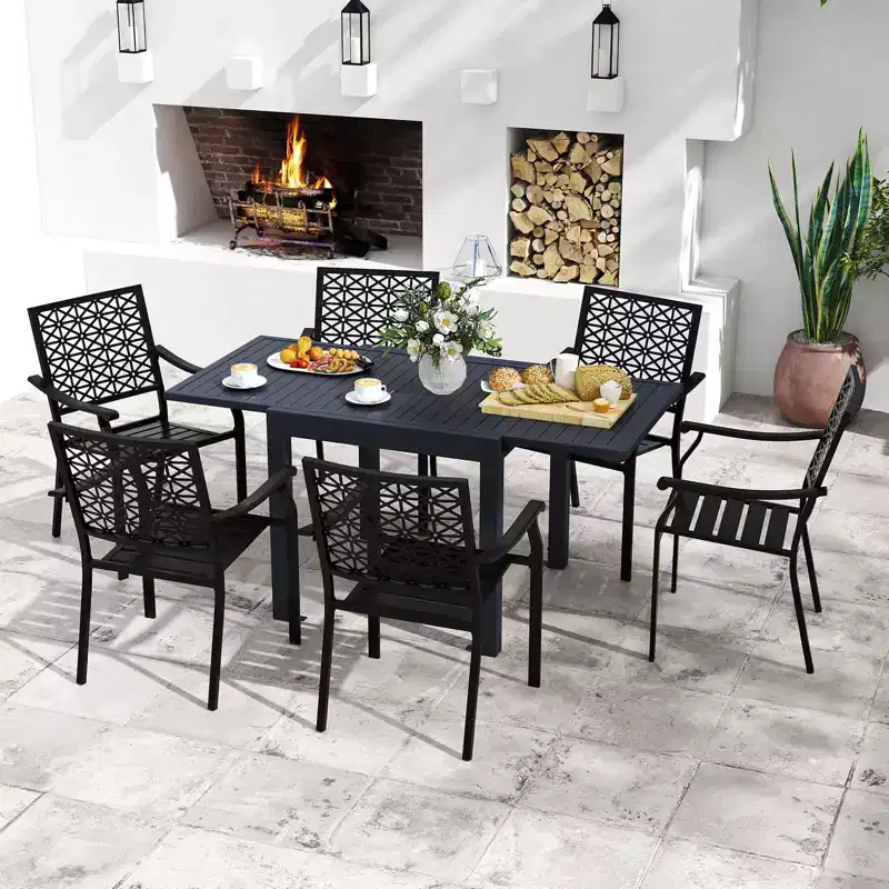 Gymax 7PCS Expandable Outdoor Dining Set w/Slatted Tabletop & Seats for Deck Garden