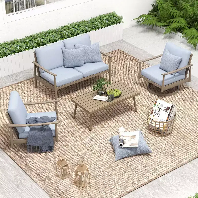 HAPPATIO Patio Outdoor Furniture Set,4 Piece Aluminum Patio Conversation Set with Coffee Table, Swivel Chairs and Loveseat for Backyard Deck Poolside