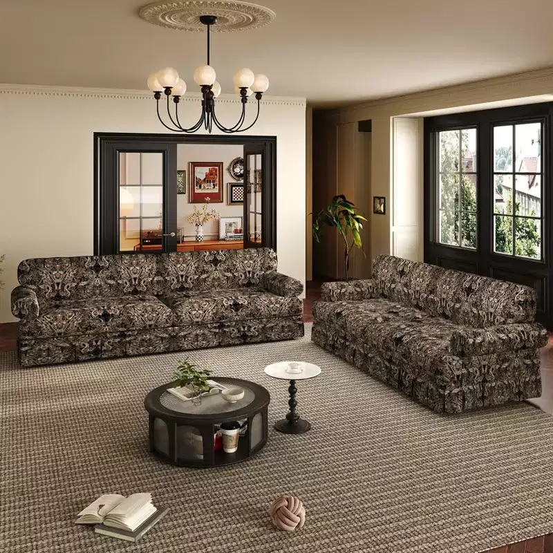 Luxuriously Comfortable 4 Seater Cloud Couch, Chenille Fabric Sofa with Rolled Arms & Pleated Skirt Black Floral
