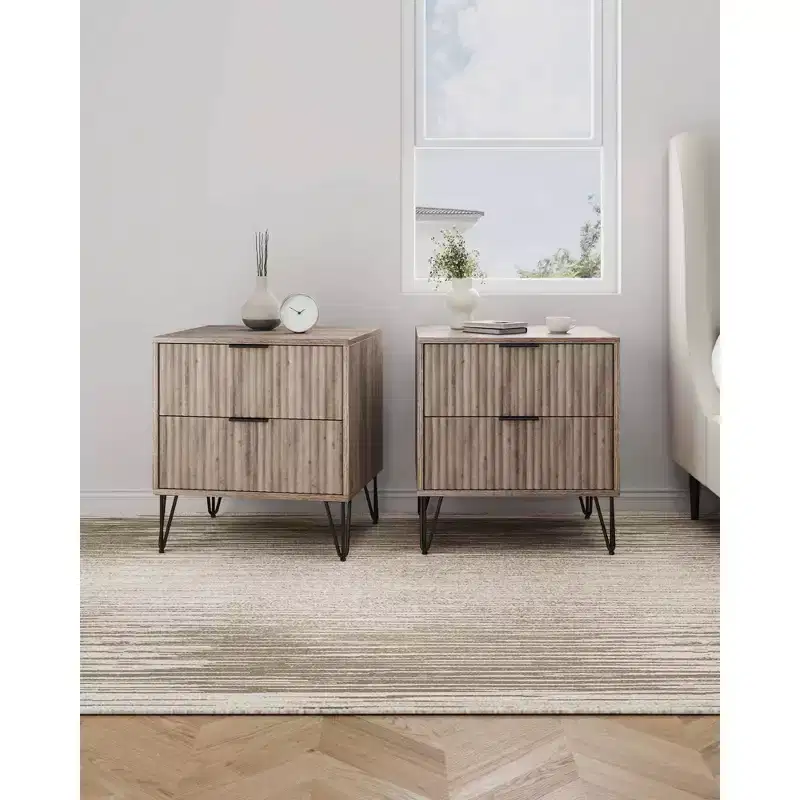 Manhattan Comfort Set of 2 Dumbo 2 Drawer Nightstands Rustic Gray: Modern Style, MDF Frame, Metal Glides