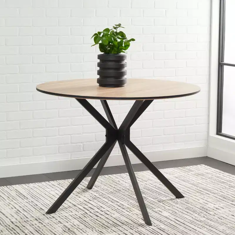 Round Mid-Century Bistro Dining Table, Natural Wood Top & Black Base, Seats 2