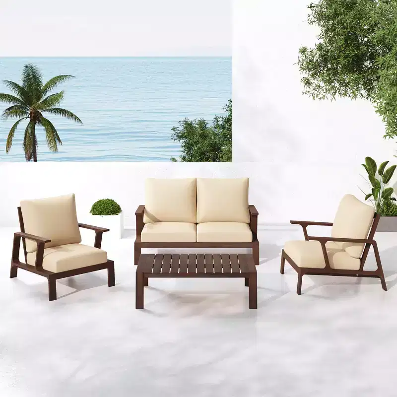 Scott Living Doris 4 Piece Outdoor Rustic Slat Design Acacia Wood Upholstered Seating Set