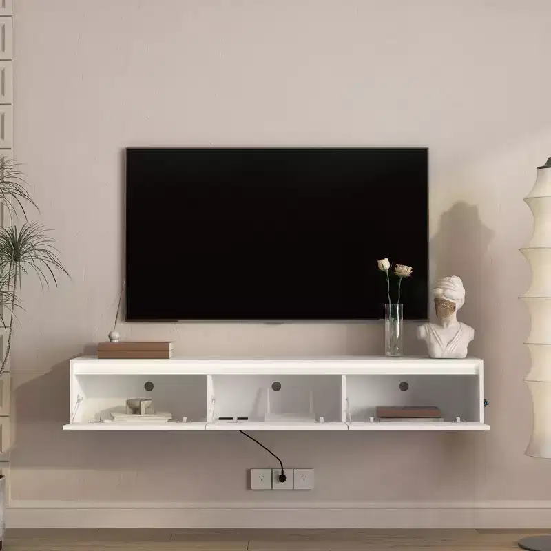 Floating TV Stand, Wall Mounted TV Shelf with Led Lights & Power Outlet,High Gloss TV Cabinet for White tv Stands for Living Room