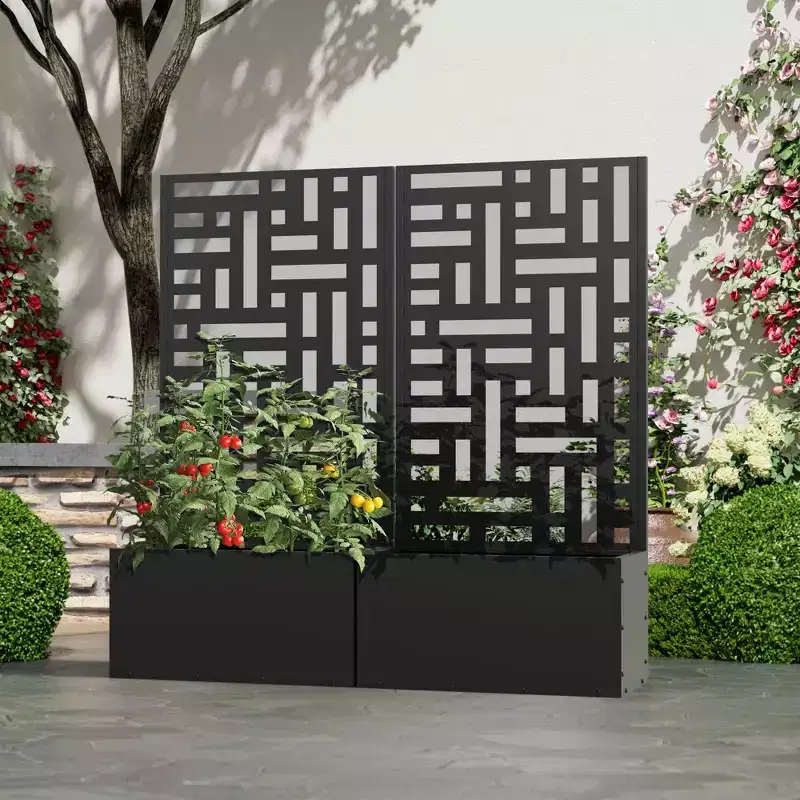 Black Wrought Iron Planter with Trellis (Street Style), 47x24x12, Compact Outdoor Garden Planter