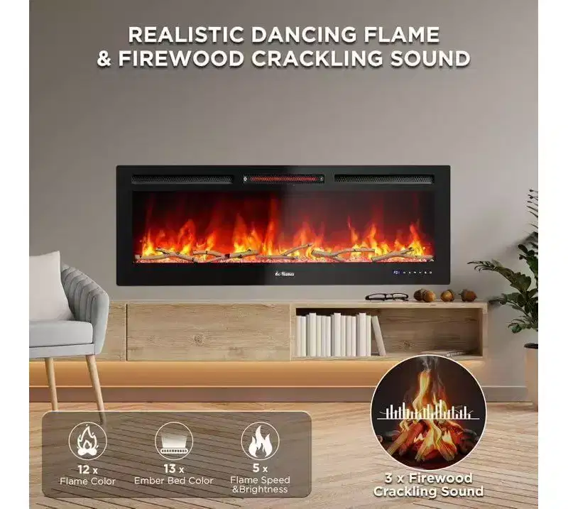 Coolmee 88 inch Electric Fireplace, Smart Recessed or Wall-Mounted, WiFi Control, Dual Heat 750/1500W, 12 Flame Colors, Touch Screen, Timer