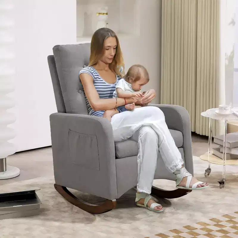 Nursery Rocking Chair, Upholstered Glider Rocker with Rubber Wood Legs, High Back and Side Pocket