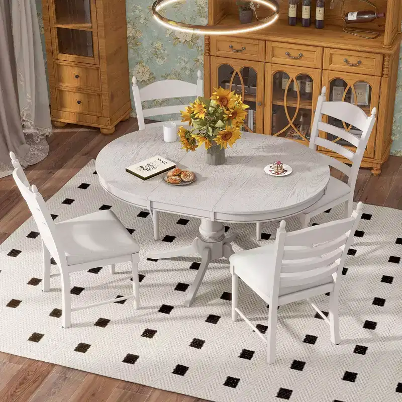 Whisen 5-Piece Retro Functional Dining Table Set with Round Extendable Dining Table and 4 Upholstered Dining Chairs