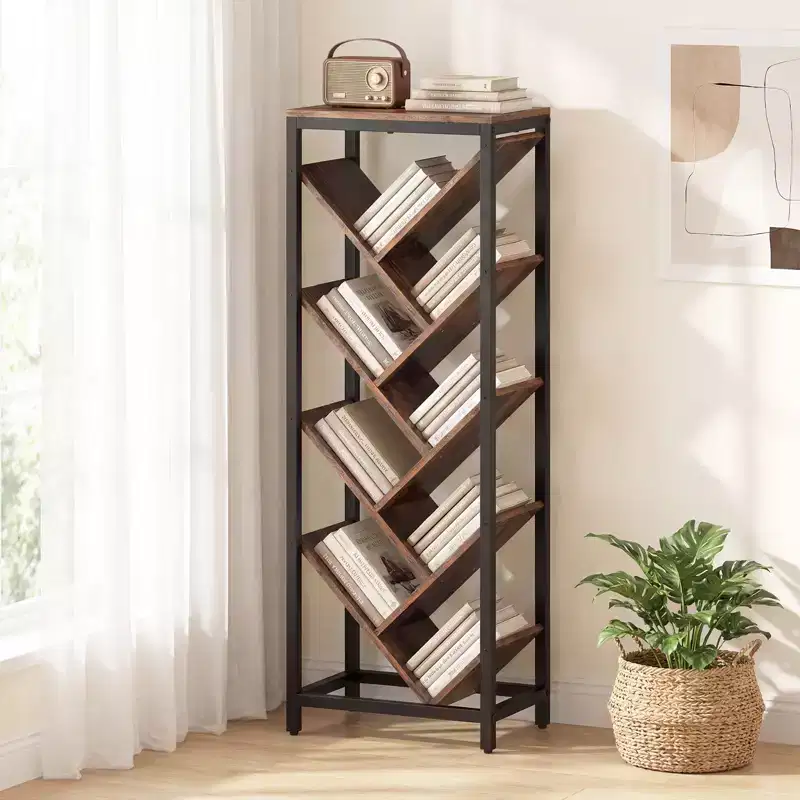 Costway Tree Bookshelf 9-Tier Freestanding Bookcase Corner Narrow Display Shelf for Home Rustic Brown & Black /White & Gold