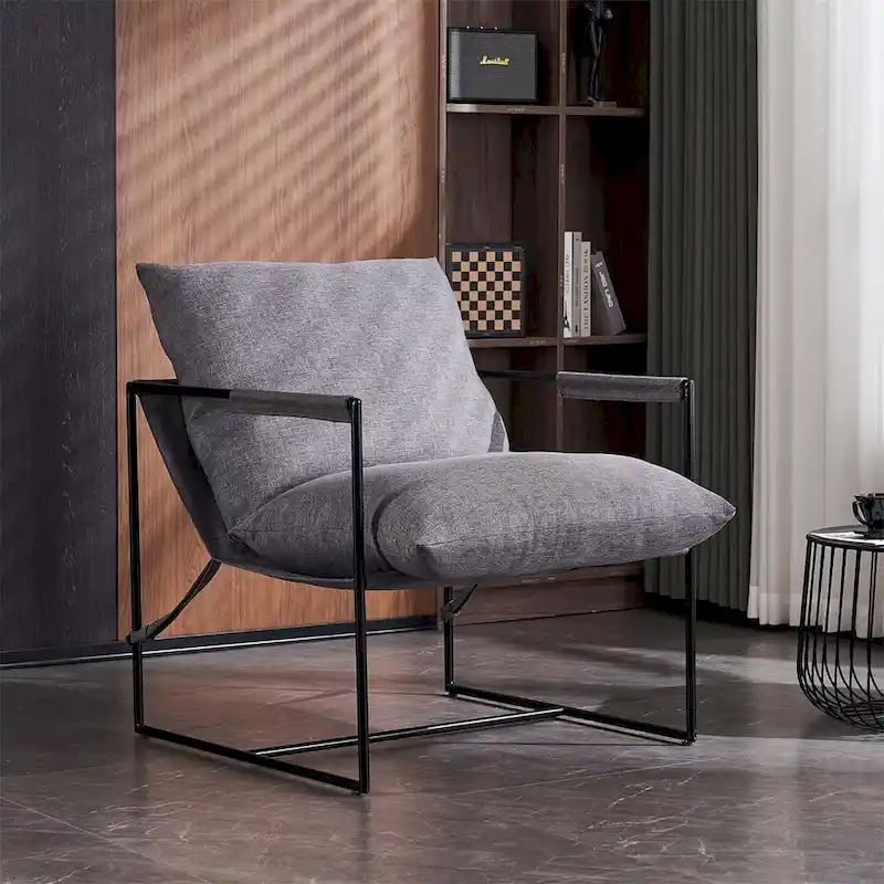 Modern Accent Linen Sling Chair Indoor for Living Room Bedroom and Office Metal Framed Armchair with Soft Bag Cushion