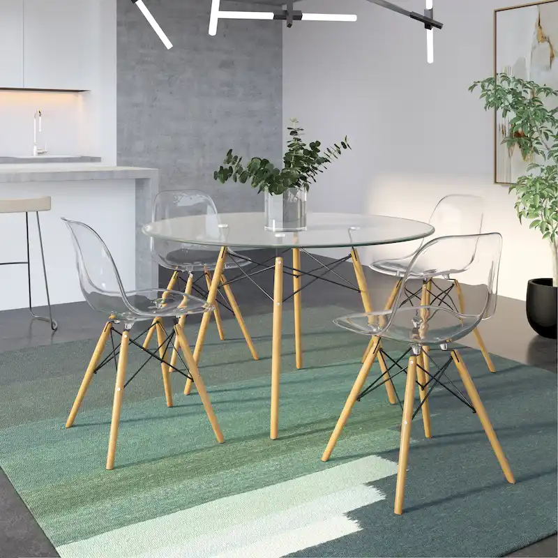 Dover 47 Modern Round Dining Table for 4 - Mid-Century Classic Table with Glass/Wood Tabletop for Home Living Room and Kitchen
