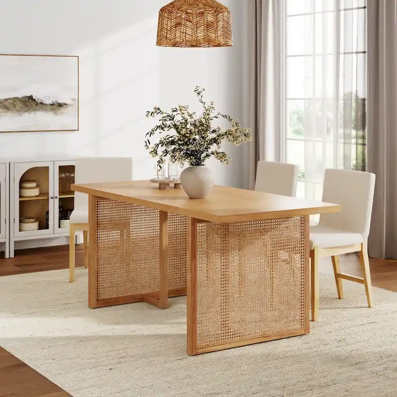 Warm Pine Boho Dining Table for 6, Rattan Accent