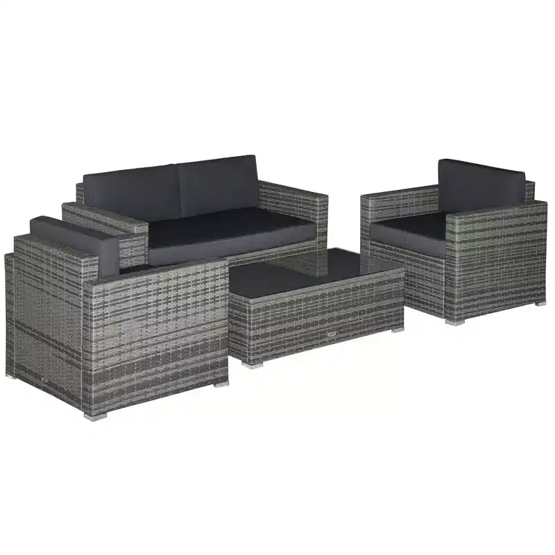 4 Piece Wicker Patio Furniture Set with Cushions, Outdoor Sectional Furniture with 2 Sofa, Loveseat, and Glass Top Coffee Table, Conversation Sofa Set