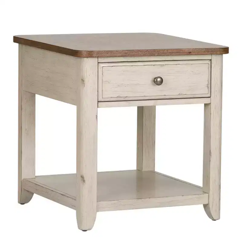 End Table with Basket in Antique White w/ Chestnut Top
