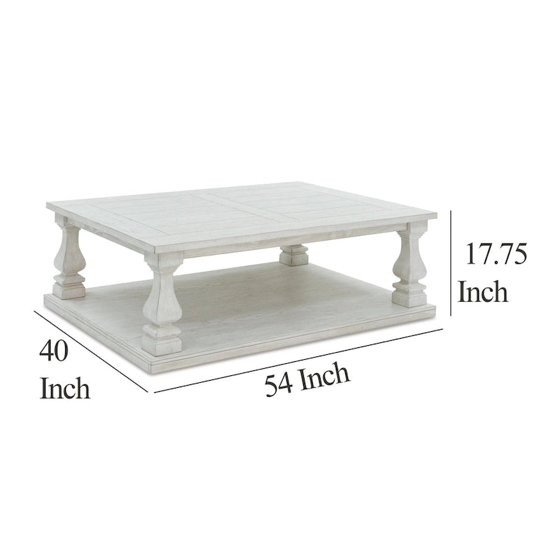 Cocktail Coffee Table, Plank Top, Balusters, 54 Inch White Wood