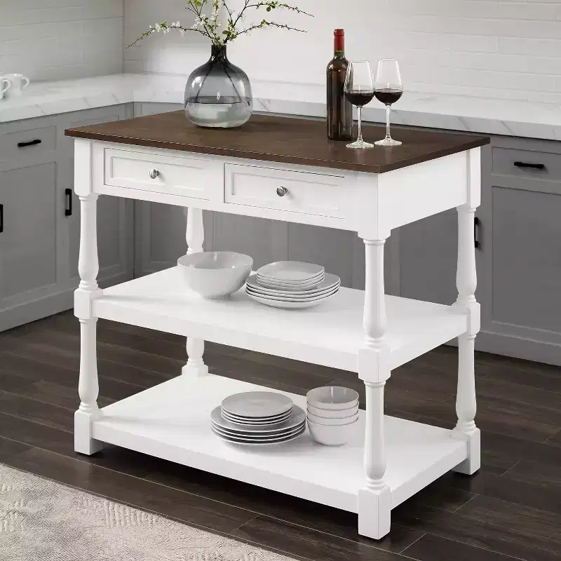 Wood Top Kitchen Island with Storage Drawers and Open Shelves