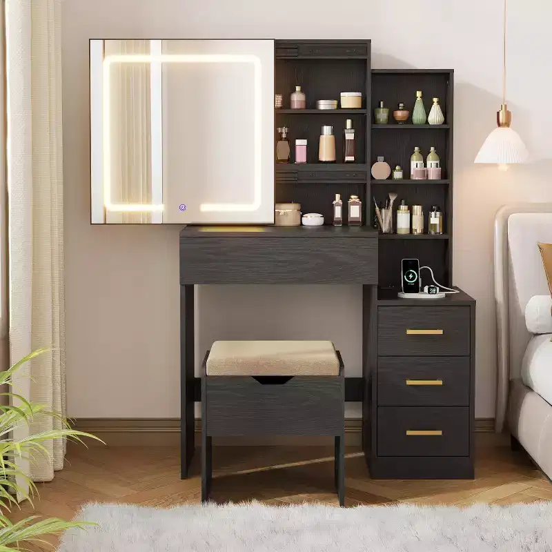 Makeup Vanity Desk with Sliding Mirror, Vanity Dressing Table with 3 Color Adjustable Lights, Stool, 4 Compact Vanity Drawers, Power Outlet, Black