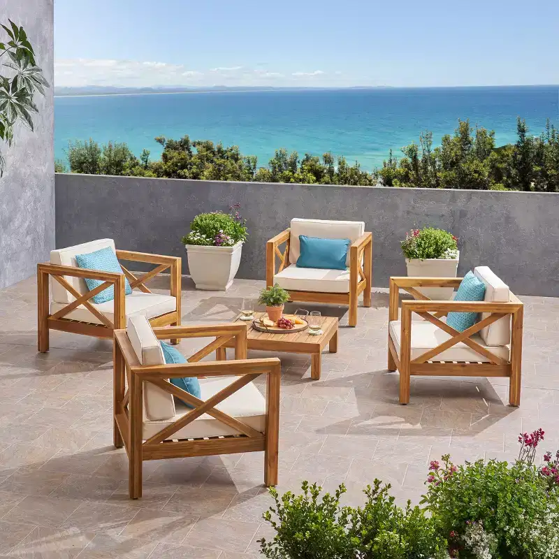 Christopher Knight Home Brava Outdoor Acacia Wood 4 Seater Club Chair Chat Set with Cushions