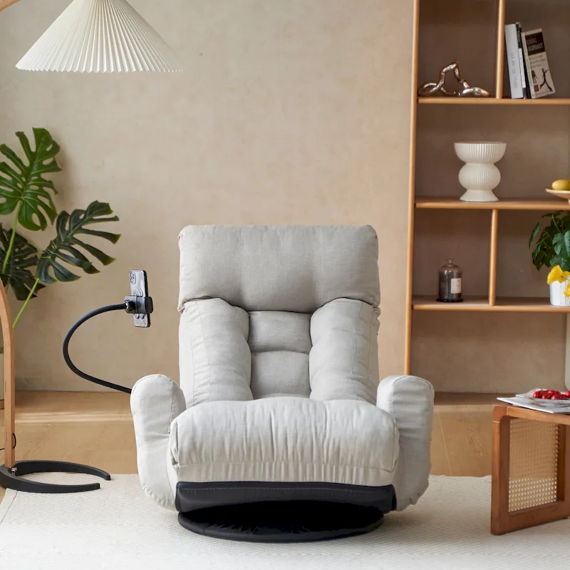Gray Swivel Recliner with Phone Holder, Adjustable Headrest